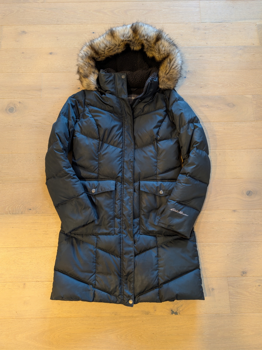 Eddie Bauer Black Quilted Hooded Down Puffer with Faux Fur Trim